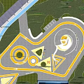 Kids Playground With Spiral Slide White Railings Yellow Markings Trees And Green Lawn