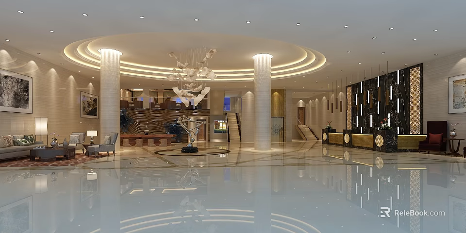 Elegant Hotel Lobby Interior With Chandelier Columns And Marble Flooring 3d model 
