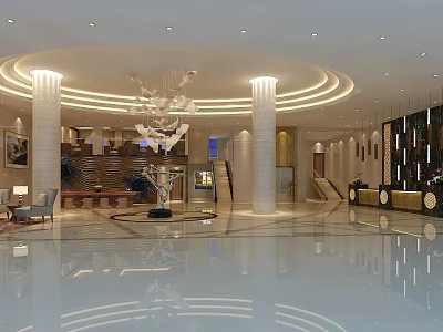 Elegant Hotel Lobby Interior With Chandelier Columns And Marble Flooring 3d model