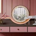 Modern Dressing Table with Round Mirror on Pink Wall and Decorative Items 3d model