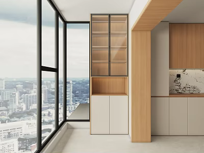 Modern Decorative Cabinet With Glass Doors And City View Through Large Windows 3d model
