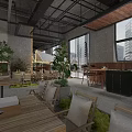 Industrial Style Café with Wooden Furniture Stone Walls Green Plants and Natural Light
