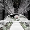 Elegant Stage Design With Black Backdrop Chandelier Arched Decoration Large White Rose And Greenery