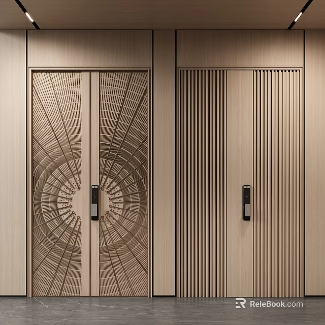 Modern Double Doors Interior Design With Radiant Geometric Pattern And Vertical Stripes 3d model 