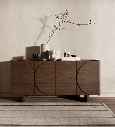 Wooden Entryway Side Cabinet With Circular Patterns And Decorative Vase On Beige Wall 3d model