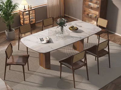 Elegant Dining Table Set With Marble Top Wooden Chairs Fresh Flowers And Fruit Bowl 3d model