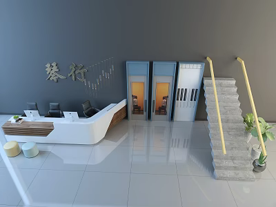 Modern Reception Desk With White Wooden Counter Gray Wall Glass Doors Stairs And Black Chairs 3d model