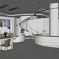 Modern White Showroom Interior With Curved Design Round Columns Skylight And Reception Desk