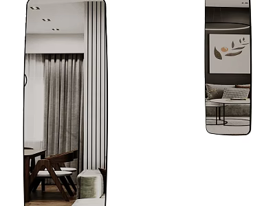 Full Length Modern Mirror In Living Room With Sofa Curtains And Decorative Art 3d model