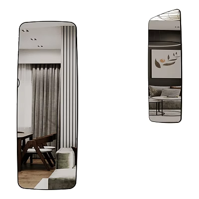 Full Length Modern Mirror In Living Room With Sofa Curtains And Decorative Art 3d model