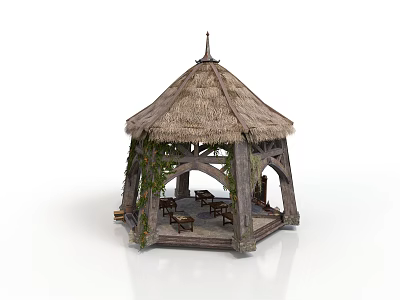 Rustic Wooden Gazebo With Thatched Roof Vines And Wooden Tables Chairs 3d model