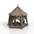 Rustic Wooden Gazebo With Thatched Roof Vines And Wooden Tables Chairs
