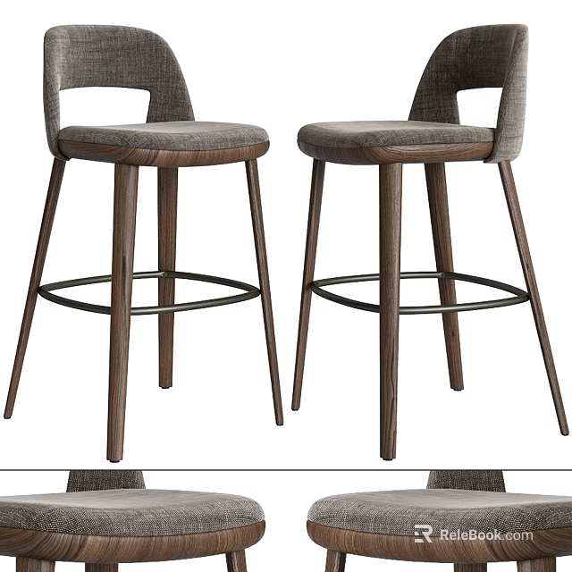Modern Gray Upholstered Bar Stools With Wooden Legs And Metal Footrest 3d model 