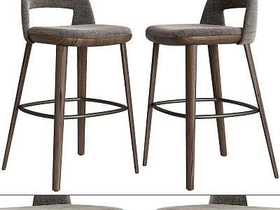 Modern Gray Upholstered Bar Stools With Wooden Legs And Metal Footrest 3d model