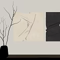 Beige And Dark Gray Fabric Wall Hangings With Gray Vase And Branches On Light Wall