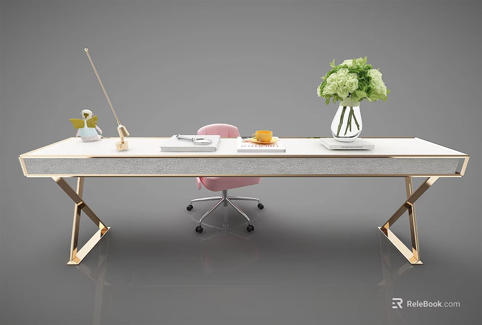 Modern Desk With Gold Legs Pink Chair Books Orange And Green Bouquet In Vase 3d model 