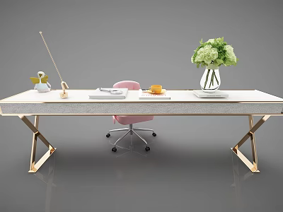 Modern Desk With Gold Legs Pink Chair Books Orange And Green Bouquet In Vase 3d model