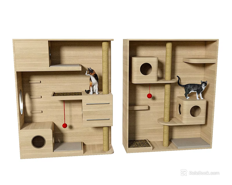 Wooden Cat Tree With Multi Level Platforms Condos And Hanging Ball Toys 3d model