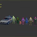 Game Movie Characters with Various Outfits Standing Together by DeLorean Car in Group Pose