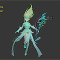 Elegant Mythical Elf Creature In Flowing White Outfit With Blue Staff And Eye Patterns