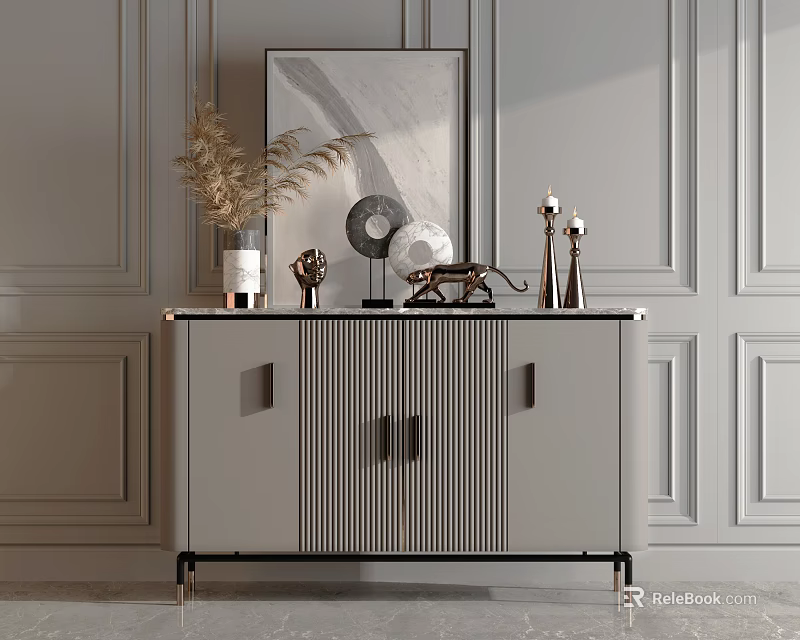 Elegant Modern Console Sideboard Cabinet With Vertical Stripes And Decorative Items On Wall Paneling Background 3d model
