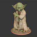 Detailed Yoda Figurine With Green Skin Wearing Brown Robe Holding Cane On Red Base