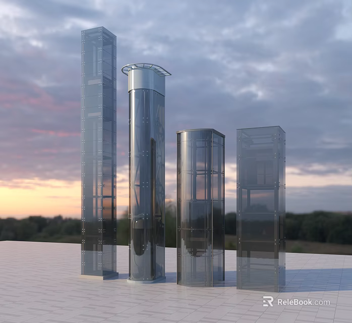 Modern Transparent Elevators With Various Structures Against Sunset Sky And Trees 3d model