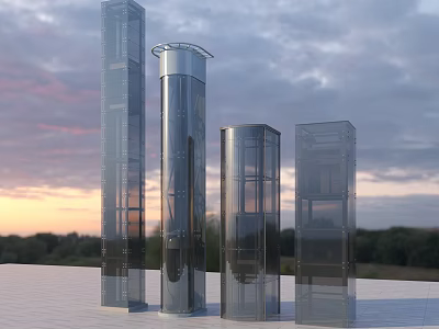 Modern Transparent Elevators With Various Structures Against Sunset Sky And Trees 3d model