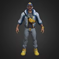 Game Movie Character Wearing Blue And White Jacket With Yellow Tool Bag And Glasses