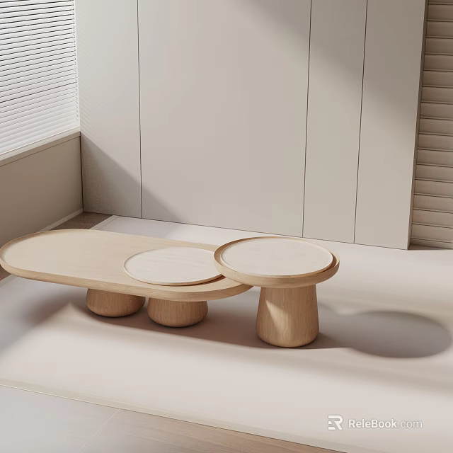Modern Minimalist Sofa Coffee Table Set With Wooden Round Tabletop For Bright Living Room 3d model 