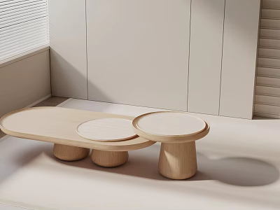 Modern Minimalist Sofa Coffee Table Set With Wooden Round Tabletop For Bright Living Room 3d model
