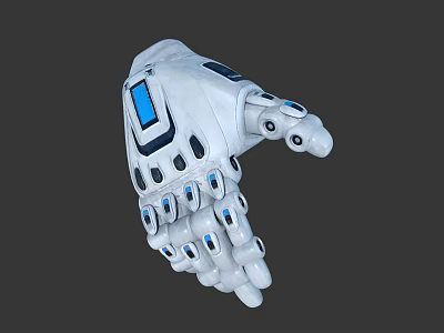 Detailed White Robotic Mechanical Glove With Blue Accents And Tech Features 3d model
