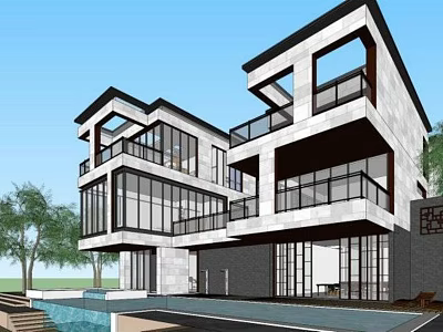 Modern Detached Villa Featuring Large Glass Windows Balconies Swimming Pool And Surrounding Trees 3d model