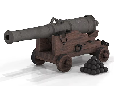 Vintage Cannon With Wooden Carriage And Wheels Next To Pile Of Iron Cannonballs 3d model
