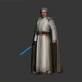 Elderly Jedi Character With Gray Hair Beard White Brown Robe And Blue Lightsaber Standing Pose