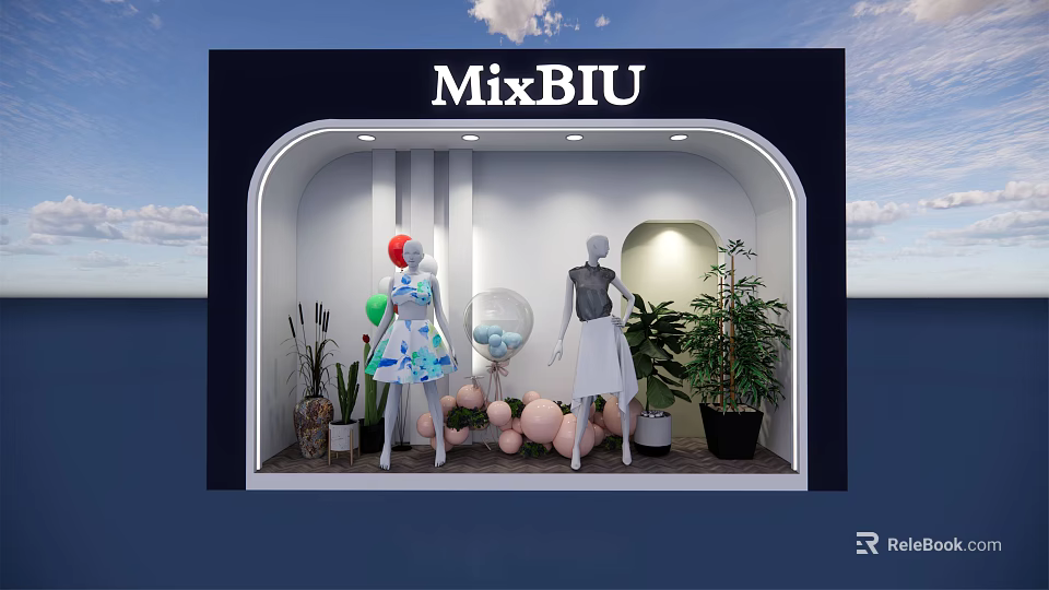 MixBIU Storefront Window Display With Mannequins Clothing Balloons And Green Plants Elegant Lighting 3d model 