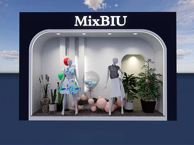 MixBIU Storefront Window Display With Mannequins Clothing Balloons And Green Plants Elegant Lighting 3d model