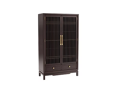 Dark Brown Wine Cabinet With Lattice Doors Gold Handles And Bottom Drawers 3d model