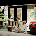 Traditional Chinese Setting With Man Holding Vessel Bonsai Scrolls Bamboo And Mountain Decorations