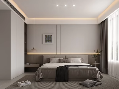 Modern Bedroom Interior Design With Gray Bed Pendant Light Bedside Table Decorative Painting And Carpet 3d model