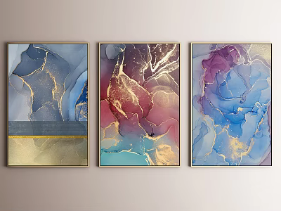 Colorful Abstract Paintings with Blue Purple Red Gold Hues and Golden Frames on Light Wall 3d model