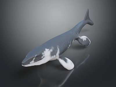 Whale 3D Model with Blue and White Coloration Fins and Tail on Dark Background 3d model