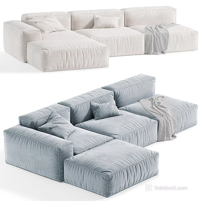 Modern Light Gray Velvet Sectional Sofa With Plush Cushions Ottoman And Throw Blanket 3d model 