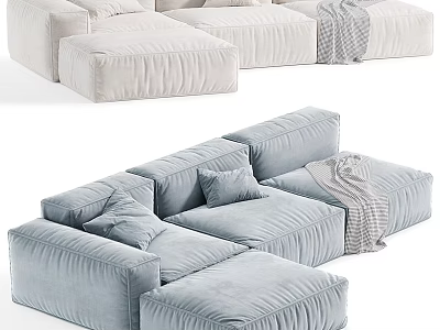 Modern Light Gray Velvet Sectional Sofa With Plush Cushions Ottoman And Throw Blanket 3d model