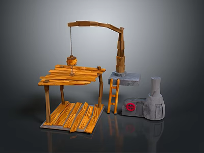 Rustic Decorative Ornament Set With Wooden Platform Ladder And Stone Structure 3d model