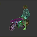Futuristic Helmeted Figure Standing Beside Sleek Motorcycle With Green Armor And Black Wheels