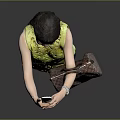 Woman Taking Selfie With Smartphone Wearing Yellow Top Blue Jeans Sandals And Brown Checkered Handbag