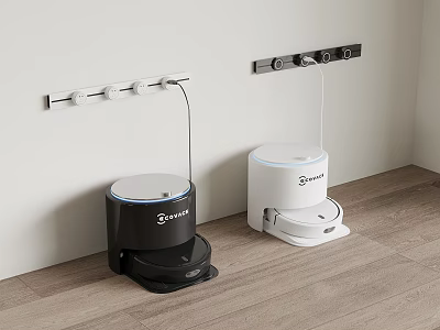 Ecovos Two Black And White Robotic Vacuum Cleaners Charging By Wall On Wooden Floor 3d model