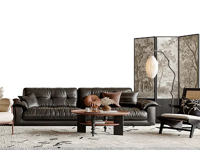 Black Leather Sofa And Coffee Table Set With Wooden Top Throw Pillows And Pendant Lamp 3d model