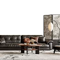 Black Leather Sofa And Coffee Table Set With Wooden Top Throw Pillows And Pendant Lamp